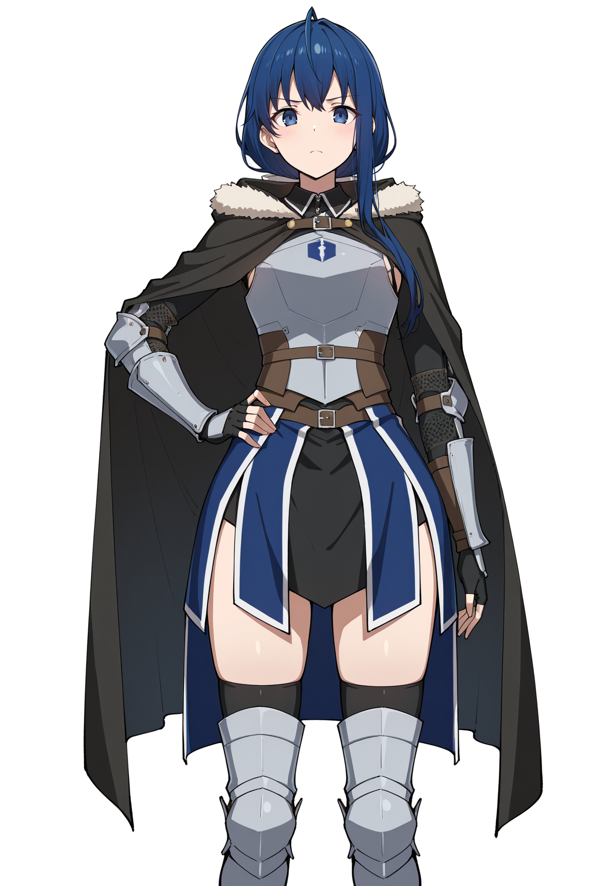 masterpiece, best quality,
1girl, solo,
standing, hand on own hip,
looking at viewer,
<lora:Nina_Farion:1> N1n4F4r10n, blue hair, ahoge, blue eyes, ponytail, 
armor, thighhighs, fingerless gloves, breastplate, cape, cloak, fur trim, armored boots, 
white background, simple background,