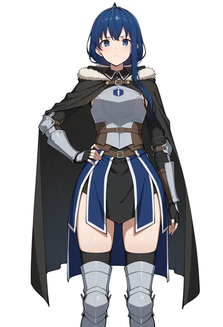 masterpiece, best quality,
1girl, solo,
standing, hand on own hip,
looking at viewer,
<lora:Nina_Farion:1> N1n4F4r10n, blue hair, ahoge, blue eyes, ponytail,
armor, thighhighs, fingerless gloves, breastplate, cape, cloak, fur trim, armored boots,
white background, simple background,