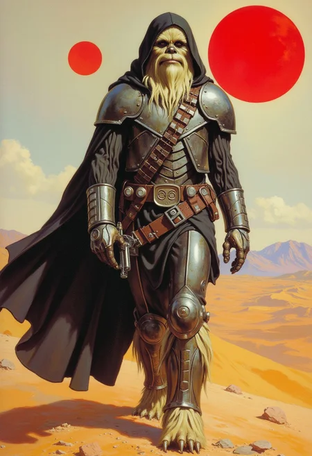 Frank Frazetta fantasy oil painting of a wookiee with white fur, sci-fi bounty hunter wearing ((full plate heavy sci-fi armor)), hooded black cloak blowing in the wind, desert background with two red suns in the sky