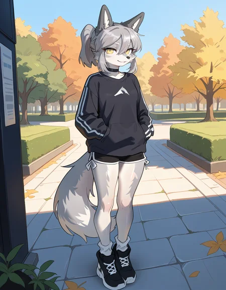 masterpiece, best quality, very aesthetic, absurdres,
outdoors,
full body, standing, posing,
casual,
seductive smile, parted lips, long eyelashes,
<lora:Seraya_v01_NAIXL:1>
S3ray4,1girl,solo,furry,furry female,wolf girl,wolf ears,short hair,grey hair,ponytail,hair between eyes,long sidelocks,yellow eyes,snout,animal nose,choker,body fur,two-tone fur,grey fur,white fur,wolf tail,