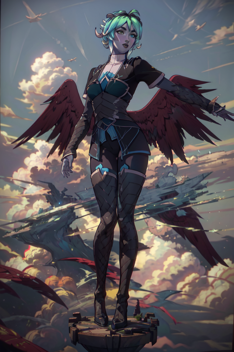 Nyx, (heterochromia, wings:1.2), horns, sky, clouds, flying, (standing in the clouds, in the sky, floating:1.5), (realistic:1.2), (masterpiece:1.2), (full-body-shot:1.2),(Cowboy-shot:1.2), dark romantic lighting, (highly detailed:1.2), (detailed face:1.2), (gradients), colorful, detailed eyes, (natural lighting:1.2), solo, <lora:add_detail:0.3> <lora:DragonPrince_Nyx-10:0.7>  <lora:BeautifulEyes:0.3>