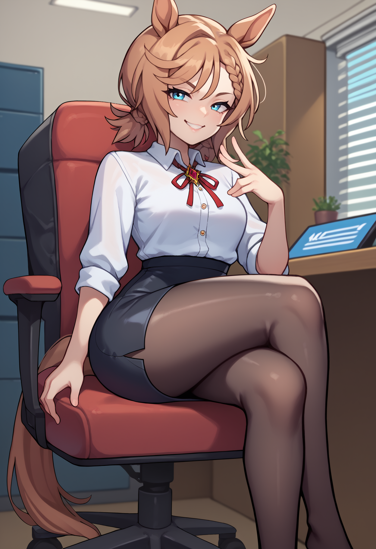 score_9, score_8_up, score_7_up, <break> solo, 1girl, v3nus paques, horse tail, smirk, looking at you, sitting, swivel chair, crossed legs, brown hair, braid, short twintails, animal ears, white shirt, collared shirt, black skirt, pencil skirt, black pantyhose, indoors, office
<segment:yolo-face_yolov8m.pt,0.4,0.5//cid=1>