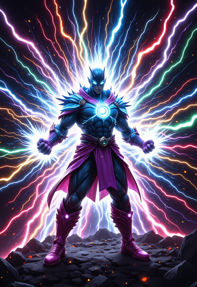 A powerful figure surrounded by a burst of vibrant energy, emanating colorful shards of light in all directions. The character stands at the center, their body illuminated with intense, glowing energy as they unleash a force that distorts the surrounding space. The scene is dynamic, with particles and light creating a sense of speed and explosive motion.
