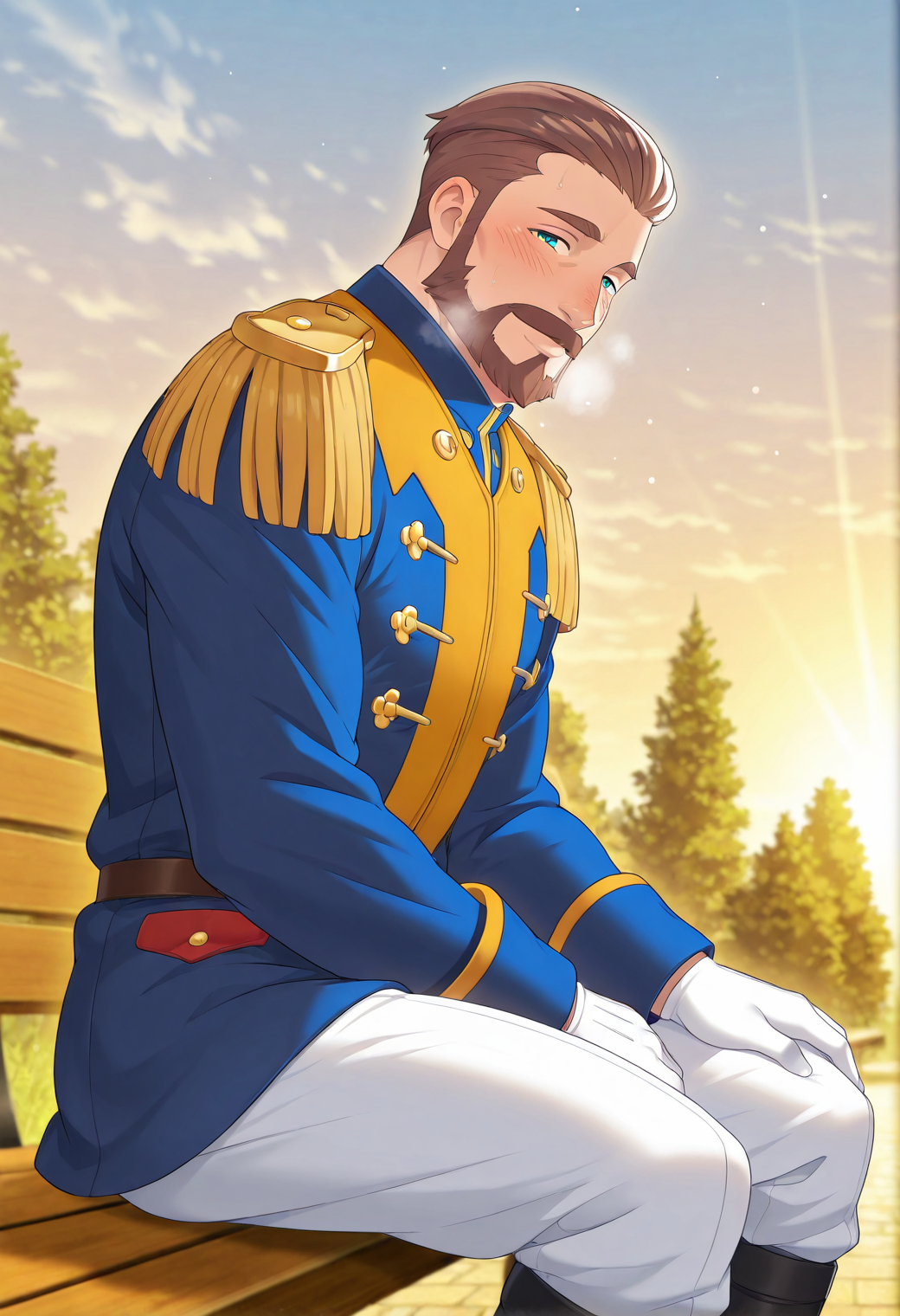 <lora:Leopold_Auvergne_-_from_anime_Bureaucrat_to_Villainess_Dads_Been_Reincarnated:0.9>, safe_pos, solo, masterpiece, detailed, uwa, huge filesize, ultra hd, best quality, male focus, (absurdres, highres), 1boy, official art, bright, LeopoldAuvergne, brown hair, short hair, hair slicked back, forehead, aqua eyes, thick eyebrows, beard, mustache,  adult, mature, military jacket, blue jacket, long sleeves, double-breasted, epaulettes, fringe trim, gold trim, white gloves, white pants, black boots,
solo, soft smile, blush lines, sitting, hand on legs, blurry outdoor sunset view, bench, from side, dutch angle,