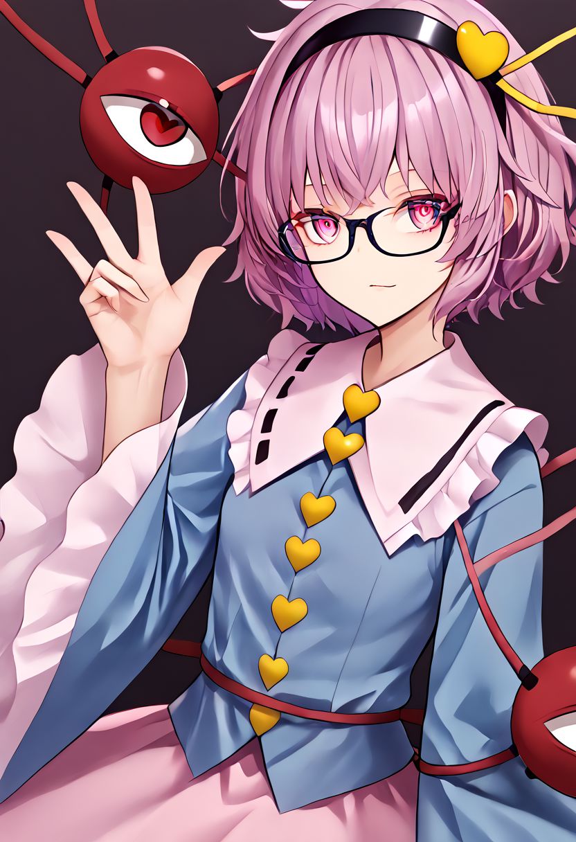 1girl, satori, komeiji_satori, bespectacled, glasses, third_eye, black_hairband, blue_shirt, long_sleeves, frilled_sleeves, wide_sleeves, frilled_shirt_collar, pink_skirt, eyeball, heart_button
masterpiece, best quality, very aesthetic, absurdres,