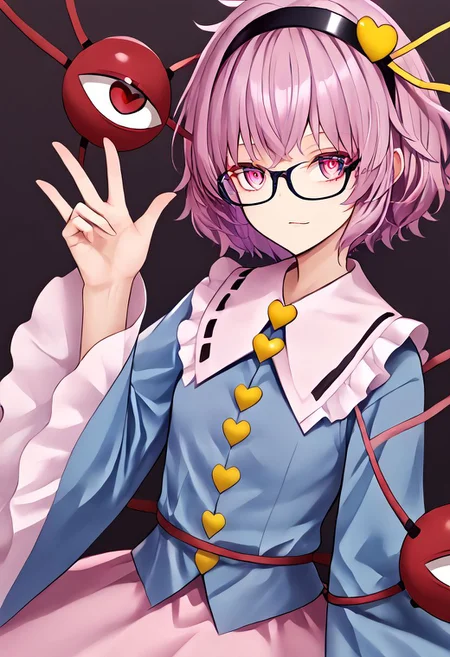 1girl, satori, komeiji_satori, bespectacled, glasses, third_eye, black_hairband, blue_shirt, long_sleeves, frilled_sleeves, wide_sleeves, frilled_shirt_collar, pink_skirt, eyeball, heart_button
masterpiece, best quality, very aesthetic, absurdres,