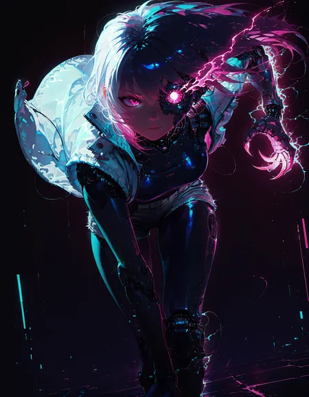 Solo,masterpiece, best quality, amazing quality, very aesthetic,straight-on, (1girl),(split in half),semi-realistic, ultra-detailed, high-resolution,dark,dutch angle,(jumping forward,dynamic pose:1)
,ADDCOMM,
split screen, divided,1girl, dual persona, clone,variation, feet out of frame,(dynamic pose)
,ADDBASE,
white hair, bangs, kpop, holographic white jacket, cybernetic neck,pink eyes,evil grin,smirk,(human,fair skin, normal skin)
,ADDCOL,
(split screen,transition,white line:1.2), white and pink hair, pink eyes, made of metal, shinning,smile
,ADDCOL,
in the style of ck-rw,in the style of cknc,
(pink glitch effect, foreground:1.2),(split face:1.2),(pink robot eyes, no sclera,no pupils glowing eye), hand foreground, robot,cybernetic ,cyborg
,ADDCOL,
in the style of ck-rw,in the style of cknc,
pink glitch effect,metalic pink hair glitching pink,dark aura, bangs, (pink robot eyes, no sclera,no pupils glowing eye), hand foreground, robot, black cybernetic parts ,cyborg, cyberpunk background, pink glow,crazy,covered in aqua electricity,pink aura,clenched teeth,bending arm,grin,(huge metallic claw,fisheye)
,ADDROW,
in the style of ck-rw,in the style of cknc,
(human arm),split screen,motion lines, emphasis lines,silver shorts,forearm,sideways arm
,ADDROW,
silver shorts, white gloves, hand glowing aqua,  feet out of frame,(human straight-arm), aqua cyberpunk background,blue glow, human thigh,normal thigh,human hand, normal arm,human leg,pink glitch effect,(human,fair skin, normal skin)
,ADDCOL,
(glitch effect, foreground:1.2),human leg,(human,fair skin, normal skin)
,ADDCOL,
in the style of ck-rw,in the style of cknc,
(split screen,transition,white line:1.2),(split body:1.2)
,ADDCOL,
in the style of ck-rw,in the style of cknc,
robot midriff, silver shorts, glitching pink, feet out of frame,  cyberpunk background, pink glow,covered in aqua electricity, sweating aqua,pink aura,black robot leg
,  <lora:ck-neon-retrowave-IL:0.8> <lora:ck-nc-cyberpunk-IL:0.8>  <lora:DarkerThanBlackIllustrious:0.8>