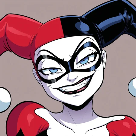 masterpiece, detailed, high quality, absurd res, solo, 1girl, harley quinn (classic), white body, blue eyes, domino mask, jester hat, looking at viewer, smirk, upper body, portrait, close-up, simple background,