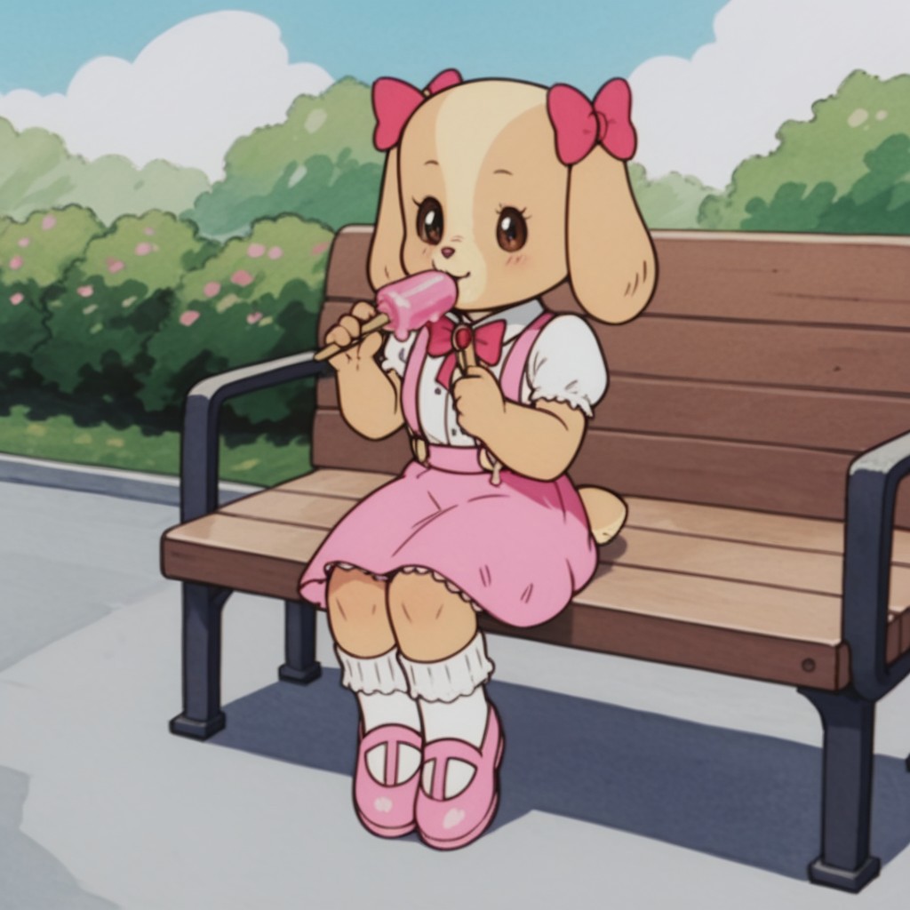 score_9, score_8_up, score_7_up, score_6_up, score_5_up, score_4_up, source_furry, RolleyCocker, anthro, female, dog, tan fur, long ears, pink ear bows, pink skirt, suspenders, pink bowtie, white shirt, collared shirt, short sleeves, puffy sleeves, pink shoes, white socks, sitting, outside, on a bench, eating ice cream
