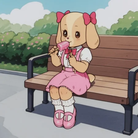 score_9, score_8_up, score_7_up, score_6_up, score_5_up, score_4_up, source_furry, RolleyCocker, anthro, female, dog, tan fur, long ears, pink ear bows, pink skirt, suspenders, pink bowtie, white shirt, collared shirt, short sleeves, puffy sleeves, pink shoes, white socks, sitting, outside, on a bench, eating ice cream
