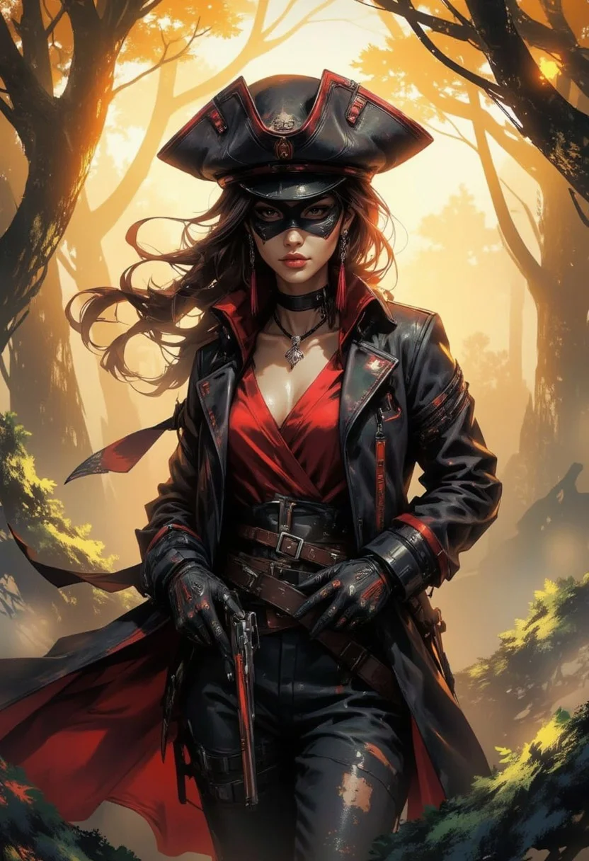 A digital painting in the style of ck-js, portrait of a stunning chinese highwaywoman, tricorne hat, long earrings, long leather coat, eye mask, standing in forest clearing, holding flintlock pistol, sunset