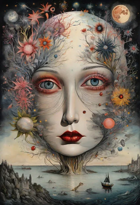 fairytale landscape, hyperrealism, micro-details, surreal, detailing, transparent watercolor+ink, pastel shades, clear outline, stardust, incredible beautiful landscape, dark botanical,dark fantasy,multicolor,multilayer, 3d, threads, fibers, engraving, color illustration, star map, moon, volumetric, unusual fluffy flowers"couple with a man, a bright white face, and women dark black face with red eyes looking straight at you in a boat More surrealism and madness.much more surrealism and crazy designs. With gold and cardinal red surreal Salvador Dali clouds coming out of her head.more surrealism and bizarre designs with bright vibrant colours.