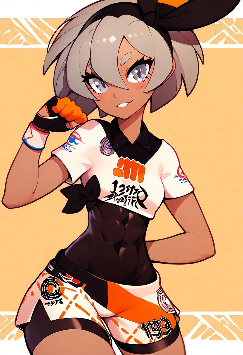 score_9, score_8_up, score_8, medium breasts, (curvy), cute, eyelashes,
zzNill,
BREAK,
zzbea, grey eyes, grey hair, shirt hair, hair between eyes, black hairband, dark-skinned female, crop top, print shirt, bodysuit, shorts, single glove, smiling, blush, looking at viewer, cowboy shot,
BREAK,
abstract background, martial arts theme, dojo,
zPDXL,