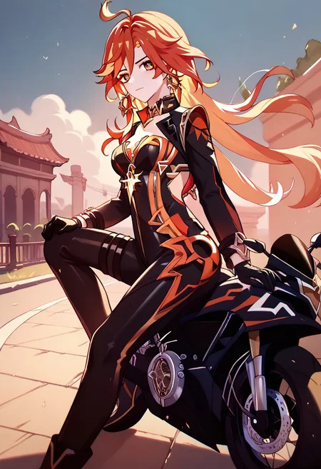 score_9_up, score_8_up, score_7_up, extreamly detailed, beautiful detailed face, complex detailed background, 1girl, BREAK,  MAVUIKA (GENSHIN IMPACT), Motorcycle suit, Motorcycle
