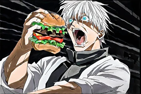 score_9,score_8_up,score_7_up,score_6_up,
SatoruGojo,solo,short hair,1boy,hair between eyes,closed mouth,black jacket,upper body,male focus,cowboy shot,japanese clothes,eyelashes,black background,sleeves rolled up,colored eyelashes,white kimono,kaibanodef,open mouth,upper body,teeth,screaming,parody,force-feeding,feeding,forced,food,eating,hamburger,
<lora:GojoSatoruPony>,<lora:shikaibaTestNoV1>,<lora:force-feeding-ponyxl-lora-nochekaiser:1>,