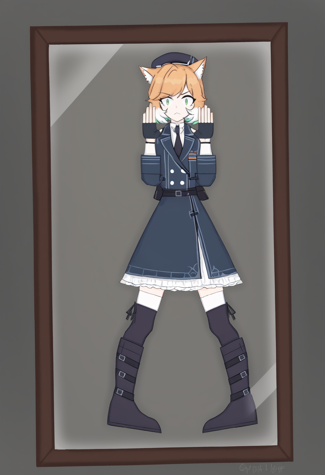 score_8_up,
1girl, cat ears, green eyes, cat tail, hat, boots, fingerless gloves, necktie, looking at viewer, white hair, thighhighs, black gloves, multicolored hair, full body, blonde hair, short hair, against glass, black footwear, black necktie, long sleeves, black headwear, white shirt, grey background, orange hair, bangs, dress,
flatted body, flattened, <lora:Flattened_Body__Concept_Lora:1.0>