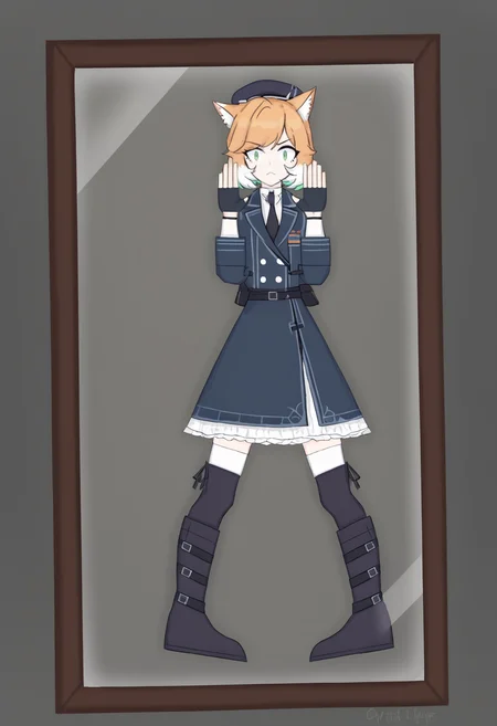 score_8_up,
1girl, cat ears, green eyes, cat tail, hat, boots, fingerless gloves, necktie, looking at viewer, white hair, thighhighs, black gloves, multicolored hair, full body, blonde hair, short hair, against glass, black footwear, black necktie, long sleeves, black headwear, white shirt, grey background, orange hair, bangs, dress,
flatted body, flattened, <lora:Flattened_Body__Concept_Lora:1.0>