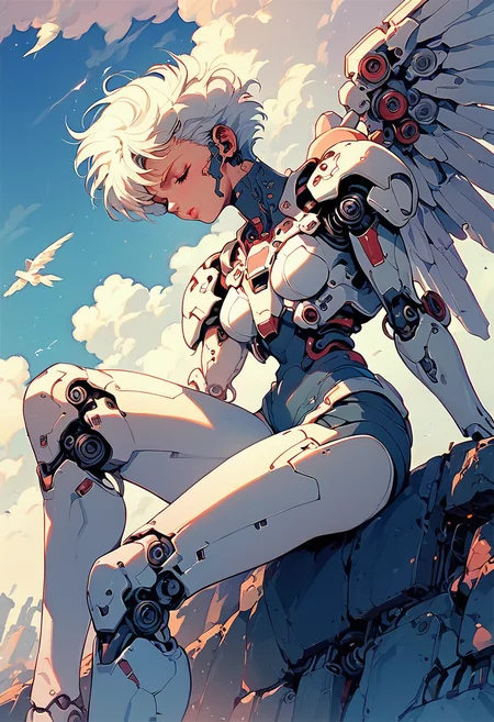 (score_9, score_8_up), score_7_up, 1girl, breasts, short hair, sitting, closed eyes, white hair, outdoors, wings, sky, cloud, looking down, robot, mecha, science fiction, knee up, angel wings, white wings, android, very short hair, cyborg, mechanical wings, cyberpunk, retro
<lora:nostalgia-000011:0.9>