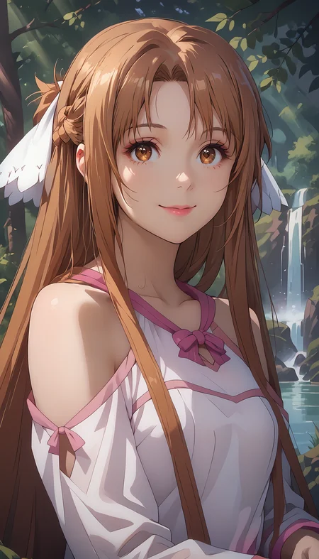 score_9, score_8_up, score_7_up, <lora:Asuna_Stacia_nightgown:0.9> astnig, asuna \(sao\), brown hair, long hair, brown eyes, white hair ribbon, off shoulder, long sleeves, halterneck, ribbon trim, white nightgown, two-tone dress, pink trim, layered skirt, (white thighhighs:1.3), pink trim, smile, forest, waterfall, (river:1.1), trees, sunlight, lens flare, looking at viewer, head rest, arm up, cute, violet eyeshadow, red light lipstick,