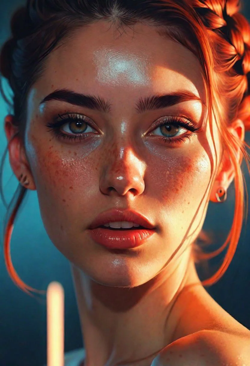 style by Ilya Kuvshinov best quality image of a hell-atmosphere, phenomenal playful shadows,amazing realistic light from above,majestic-braided hair,mesmerise-naughty,light-freckles-sunburned-face,party-makeup,tattoo,breathtaking crispy-detailed, thick-lips, realistic-eye,unscrupulous-smile aesthetic joyful souleater1phantom in a casting seat