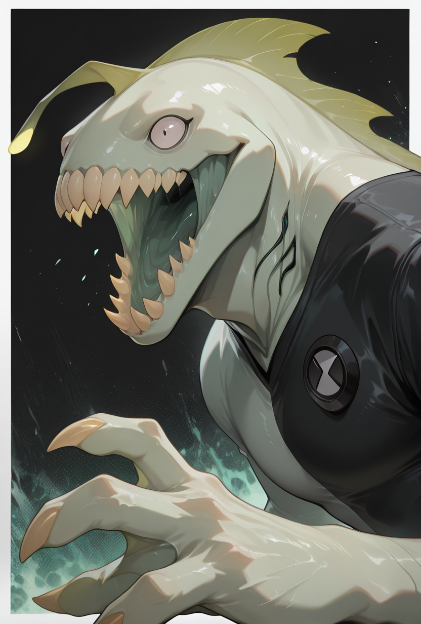 <lora:ripjaws-08:1> ripjaws, sharp teeth, solo, claws, 1boy, light green skin, upper body,, masterpiece, best quality, amazing quality, very aesthetic, absurdres, newest,, upper body, halftone effect, white borders, abstract background:1.2,