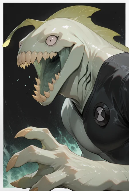 <lora:ripjaws-08:1> ripjaws, sharp teeth, solo, claws, 1boy, light green skin, upper body,, masterpiece, best quality, amazing quality, very aesthetic, absurdres, newest,, upper body, halftone effect, white borders, abstract background:1.2,
