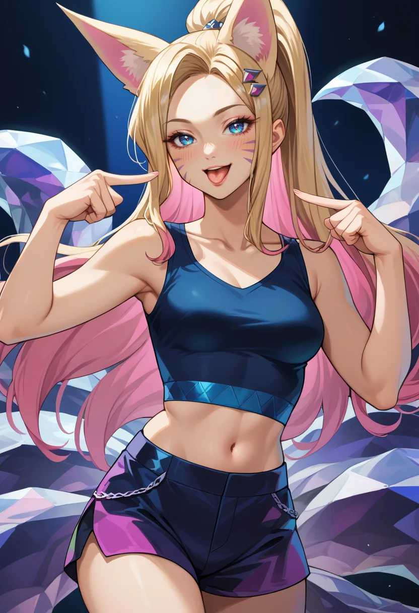 score_9, score_8_up, score_7_up, source_anime, <lora:Ahri_KDAAllOut_pdxl_Incrs_v1:1>, ahrikdaallout, animal ears, facial mark, blue eyes, breasts,
multiple tails,
multicolored hair, long hair, blonde hair, pink hair, hair ornament,
makeup,
shorts, tank top, high ponytail, midriff, black tank top,
<lora:DuoIndexFingerPointingAtSelf_XLPD:1>, duofinger, pointing at self, blush, tongue out, light smile, open mouth,