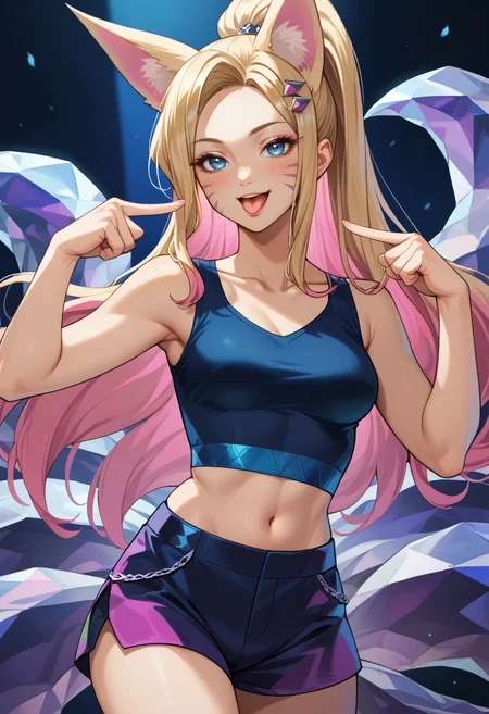 score_9, score_8_up, score_7_up, source_anime, <lora:Ahri_KDAAllOut_pdxl_Incrs_v1:1>, ahrikdaallout, animal ears, facial mark, blue eyes, breasts,
multiple tails,
multicolored hair, long hair, blonde hair, pink hair, hair ornament,
makeup,
shorts, tank top, high ponytail, midriff, black tank top,
<lora:DuoIndexFingerPointingAtSelf_XLPD:1>, duofinger, pointing at self, blush, tongue out, light smile, open mouth,