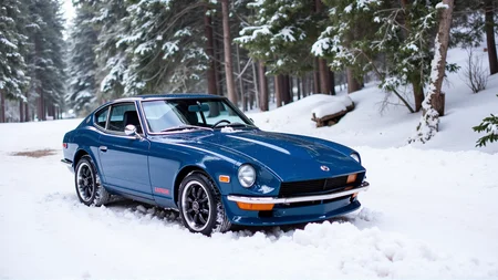 On a tranquil snow-covered mountain road, a 1972 Nissan Datsun 240Z Fairlady in deep sapphire blue stands out against the pristine white landscape. Snow gently falls, landing on the carâs sloping hood and chrome-accented mirrors. The black alloy wheels are partially buried in the snow, adding a sense of stillness to the scene. A dense forest of snow-laden pines lines the road, their branches heavy with ice, while the carâs round headlights emit a warm, inviting glow
<lora:ral-nssndtsn_000001000:1>
