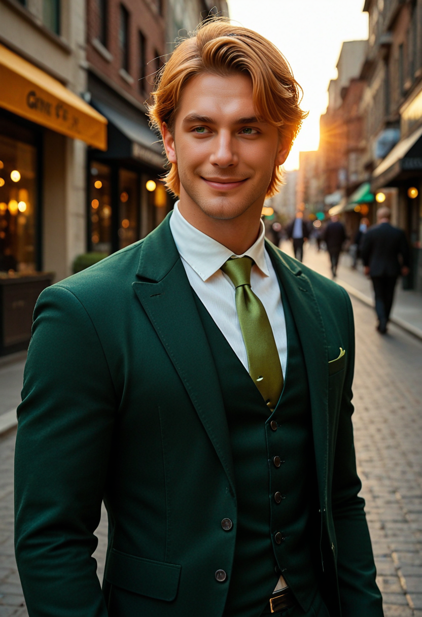 Photorealistic picture, depth of field, 1boy, solo, male focus, bishounen, bara, modern clothes, stylish, black business jacket, green waistcoat, gentle smile, ginger hair, olive green eyes, outside, city street, black gloves, golden hour glow, subtle shadows, looking away