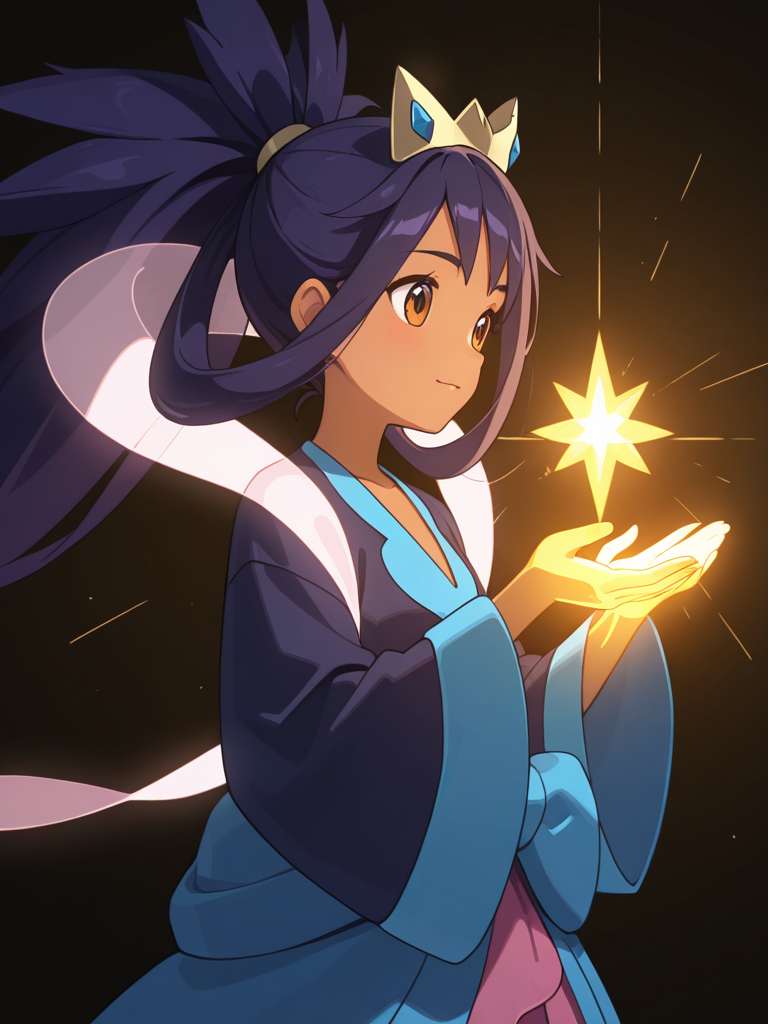 1girl,upper body,  illuminated hand,
 <lora:iris_champion_2:1> dark-skinned female, dark skin, 
brown eyes, 
purple hair, very long hair, ponytail, spiked hair, hair rings, 
tiara, purple gem tiara,
black shirt, blue v-neck,blue sleeve cuff,
pink see-through shawl, 
middle blue ribbon,blue skirt, dark pink skirt edge,
golden gem sandal,black sandals,, masterpiece, high quality, absurdres, best quality, very aesthetic, newest,
