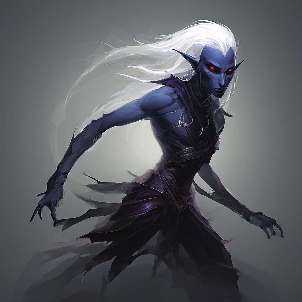 Drow are the Dark Elves of the Underworld - fearless killers who are known for both their spellcasting and fighting ability. Though more frail than humans,they are solid fighters with a great reputation of ruthlessness and precision. Those who cross a dark elf usually meet a swift demise. Drow are tallish elves with indigo skin and white hair,and usually have either red or golden eyes.,masterpiece,long exposure,layered elements,motion photography,stark contrasting color transitions,saturated colors,harmonious color story,illusionism,beautiful details,blackhole energy core,
<lora:artfullydrow__sdxl_v1:1>,