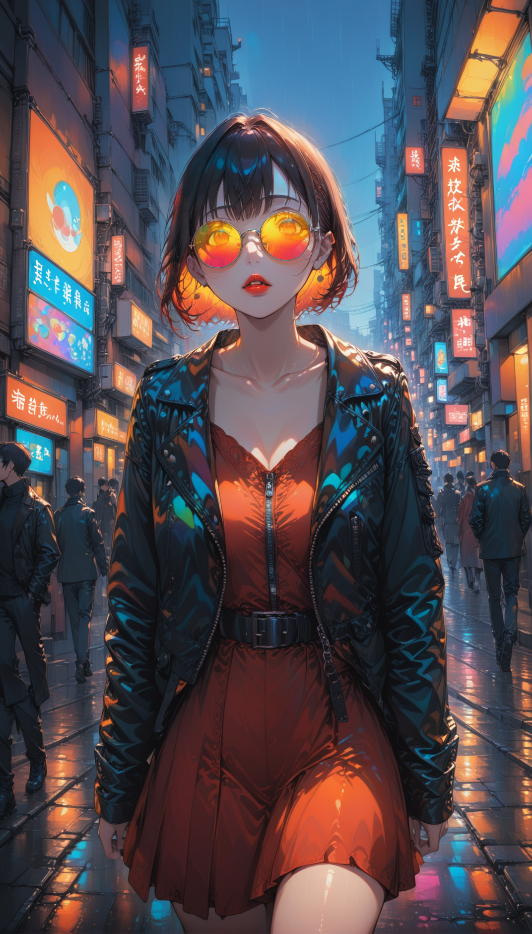 tokyo_street_fashion_xl, 1girl,
A stylish woman walks down a Tokyo street filled with warm glowing neon and animated city signage, black leather jacket, long red dress, black boots, sunglasses, tinted eyewear, red lipstick, walking confidently and casually, street is damp and reflective, creating a mirror effect of the colorful lights,
depth of field, very aesthetic, highres, 4k, 8k, intricate detail, cinematic lighting, amazing quality, amazing shading, detailed Illustration, wallpaper,
extremely detailed eyes and face, beautiful detailed eyes,
from below, upper body, leaning, dynamic pose
<lora:aesthetic_anime_v1s:1>
<lora:tokyo_street_fashion_xl_1:1>
<lora:IOS_Iridescent_opal_style:0.2>|<lora:ral-obsdn:0.2>
<lora:add-detail-xl:0.75>
<lora:extremely_detailed:0.6>