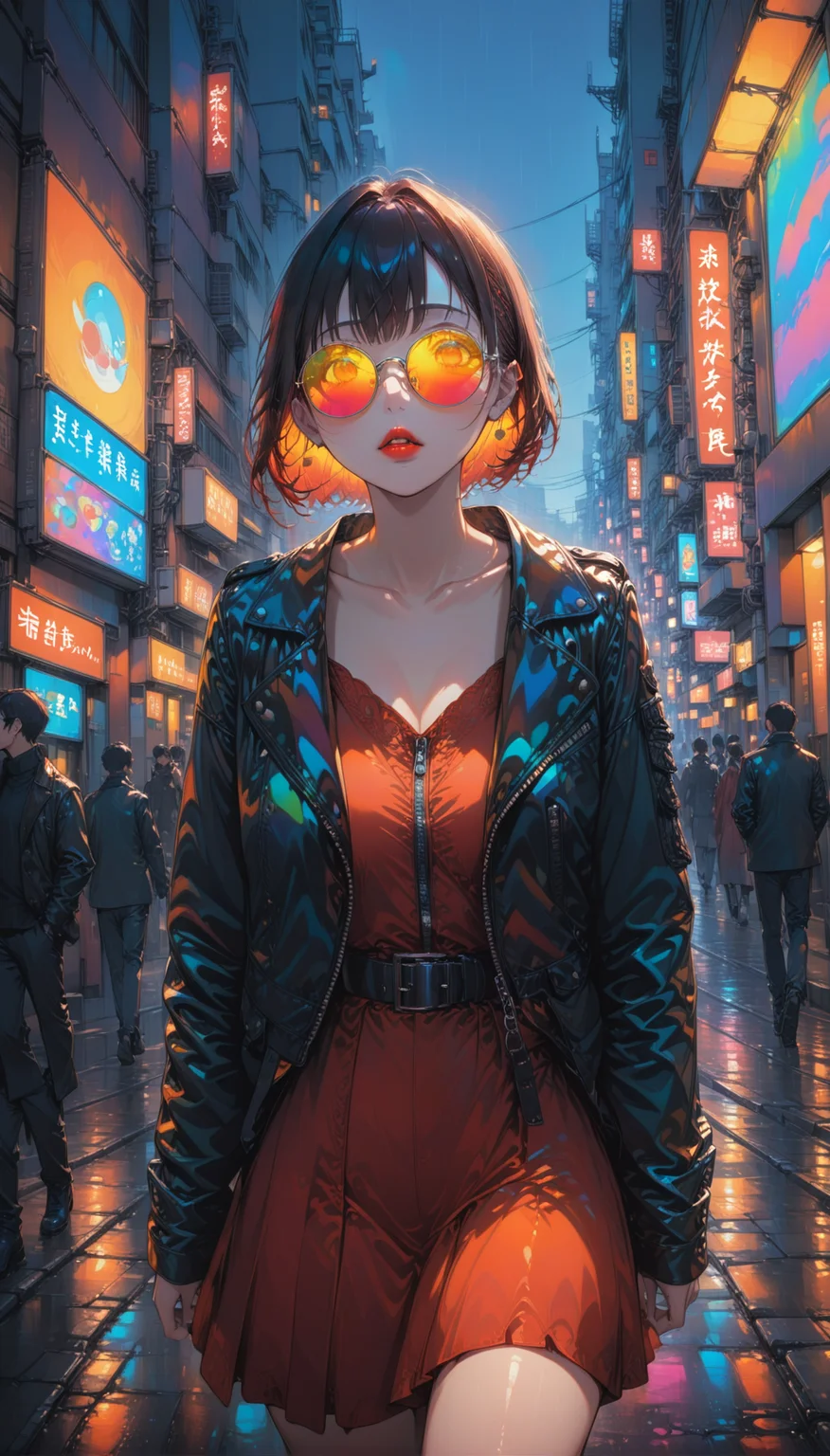 tokyo_street_fashion_xl, 1girl,
A stylish woman walks down a Tokyo street filled with warm glowing neon and animated city signage, black leather jacket, long red dress, black boots, sunglasses, tinted eyewear, red lipstick, walking confidently and casually, street is damp and reflective, creating a mirror effect of the colorful lights,
depth of field, very aesthetic, highres, 4k, 8k, intricate detail, cinematic lighting, amazing quality, amazing shading, detailed Illustration, wallpaper,
extremely detailed eyes and face, beautiful detailed eyes,
from below, upper body, leaning, dynamic pose
<lora:aesthetic_anime_v1s:1>
<lora:tokyo_street_fashion_xl_1:1>
<lora:IOS_Iridescent_opal_style:0.2>|<lora:ral-obsdn:0.2>
<lora:add-detail-xl:0.75>
<lora:extremely_detailed:0.6>