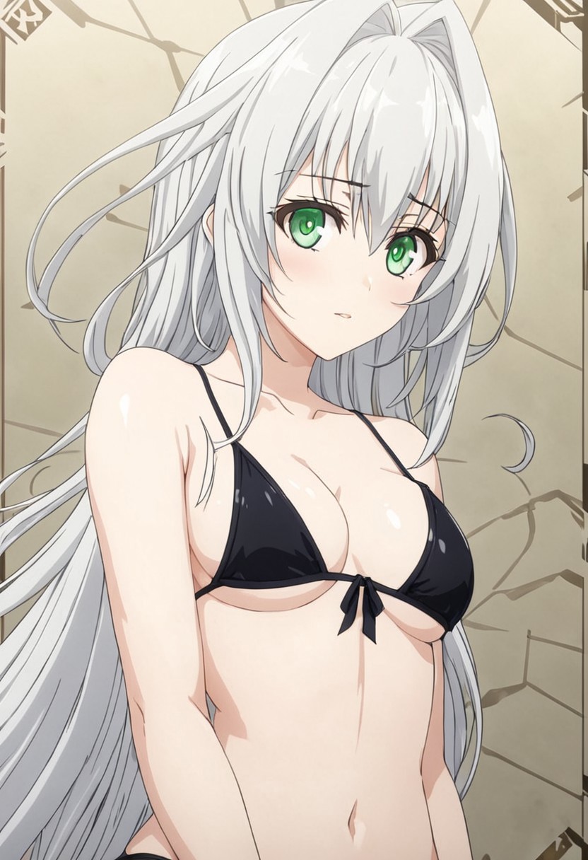 (extremely detailed CG unity 8k wallpaper),eye catching,(masterpiece), (best quality), (ultra-detailed), extremely detailed,(best illustration), an extremely delicate and beautiful ,CG ,unity ,8k wallpaper,solo, masterpiece, best quality, 1girl, emilia hermit, long silver hair, green eyes, angel,  score_4_up, score_anime, score_realstic, black bikini