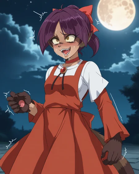 score_9, score_8_up, score_7_up, 1girl, solo,  BREAK source_anime, rating_explicit, best quality, masterpiece,  1girl, solo,  <lora:nekomusume_XL-Pony_LoRA-C3Lier_8-8-8-8_AdamW_Un3e-4_Te1.5e-4_10batch:1> nekomusume, cat girl, purple hair, short hair, single hair bun, yellow eyes, pointy ears, hair bow, red bow, red choker, white shirt, jewelry, gem, brooch, long sleeves, red dress, pinafore dress, short dress, <lora:tanu_pdxl:1> tanu_curse, tanu tail,  tanu nose, covered ears, ((tanu ears)), claws, sharp teeth, drool, motion lines, open mouth, ((tanu fur)) ,standing, outdoors, night, moon, dazed, empty eyes, eye roll, zombified, happy