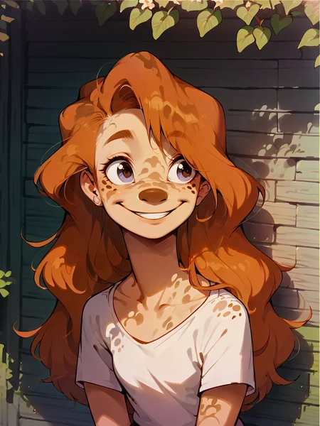 score_9, score_8_up, score_7_up, score_6_up, score_5_up, <lora:dappledlightXLP:1> dappled light, dappled sunlight, <lora:roxanneXLP:1> roxanne, 1girl, solo, long hair, smile
