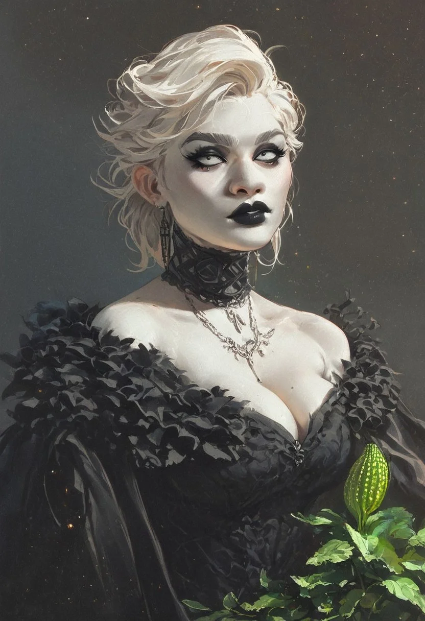 solo skinny 1girl as goth model, seductive, platinum blonde, pale skin, smoky eyes, ((Artichoke  haircut)), black lips, large breasts ncpy13 style pastels drawing <lora:ncpy13 style:1>, score_9, score_8_up, score_7_up, score_6_up, score_5_up, score_4_up