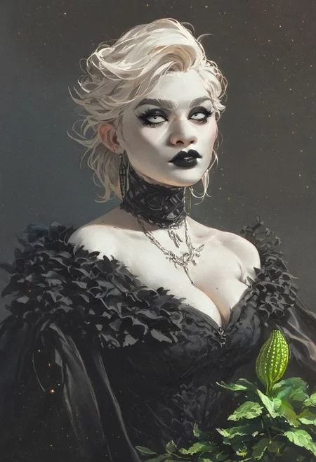solo skinny 1girl as goth model, seductive, platinum blonde, pale skin, smoky eyes, ((Artichoke haircut)), black lips, large breasts ncpy13 style pastels drawing <lora:ncpy13 style:1>, score_9, score_8_up, score_7_up, score_6_up, score_5_up, score_4_up