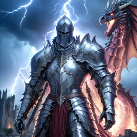 ArsMJStyle, AnimeA: An epic knight in ornate, gleaming armor, crackling with lightning. He stands defiant against a colossal shadow dragon, whose scales shimmer with an oily, dark iridescence. The background reveals a ruined castle under a stormy sky, flashes of lightning illuminating the intense scene.