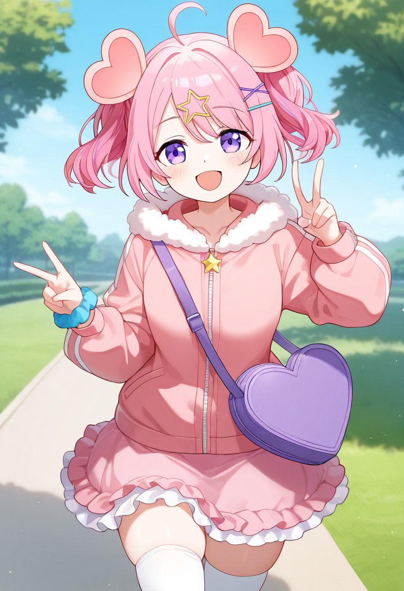 1girl,solo,<lora:pigmacaronil:0.9>,pigmacaron_(show_by_rock!!),purple eyes,pink hair,ahoge,hairclip,hair ornament,star hair ornament,x hair ornament,short hair,animal ears,twintails,long sleeves,purple bag,heart bag,pink skirt,pink jacket,white thighhighs,wrist scrunchie,frilled skirt,fur trim,looking_at_viewer,cowboy_shot,smile,open mouth,v,day,park,masterpiece,best quality,good quality,newest,incredibly absurdres,