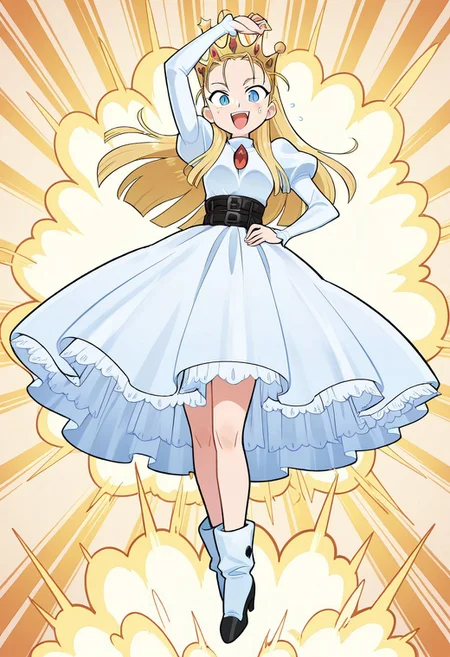 1girl, solo, dvltte, long blonde hair, hair slicked back, crown, blue eyes, slit pupils, white dress, puffy juliet sleeves, explosion background, jumping, open mouth, smile, sweating, full body,