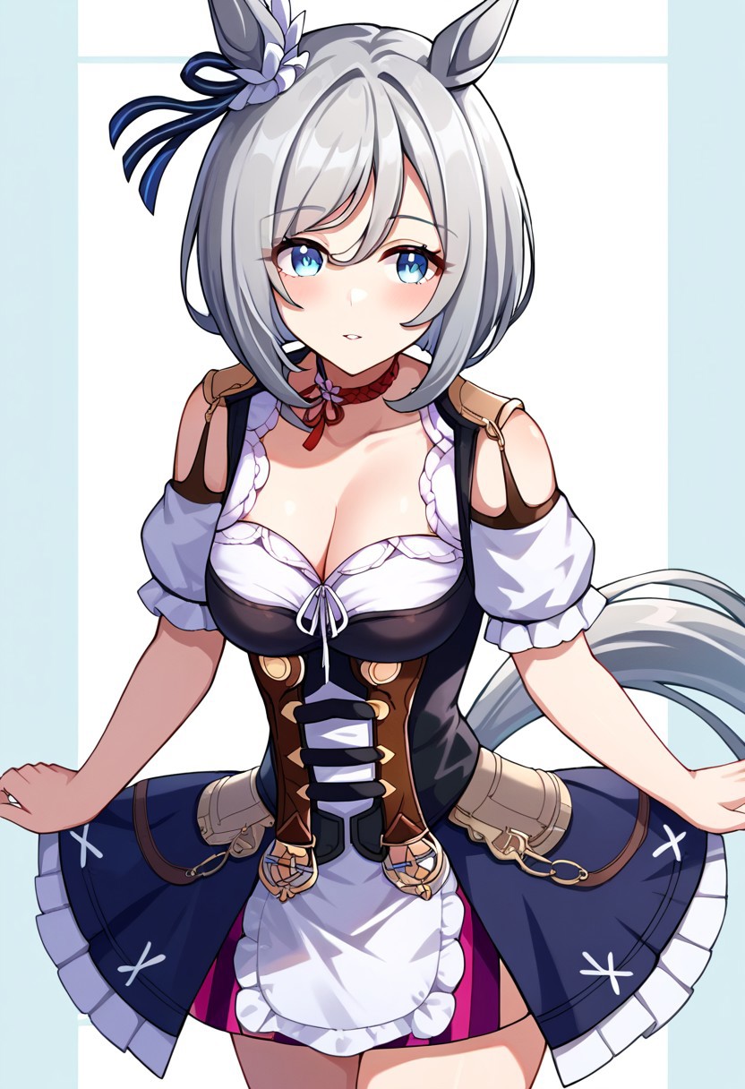 score_9, score_8, score_7, source_anime, dirndl, flower, twintails, swept bangs, grey hair, horse girl, choker, tail, short sleeves, eishin flash (umamusume), bob cut