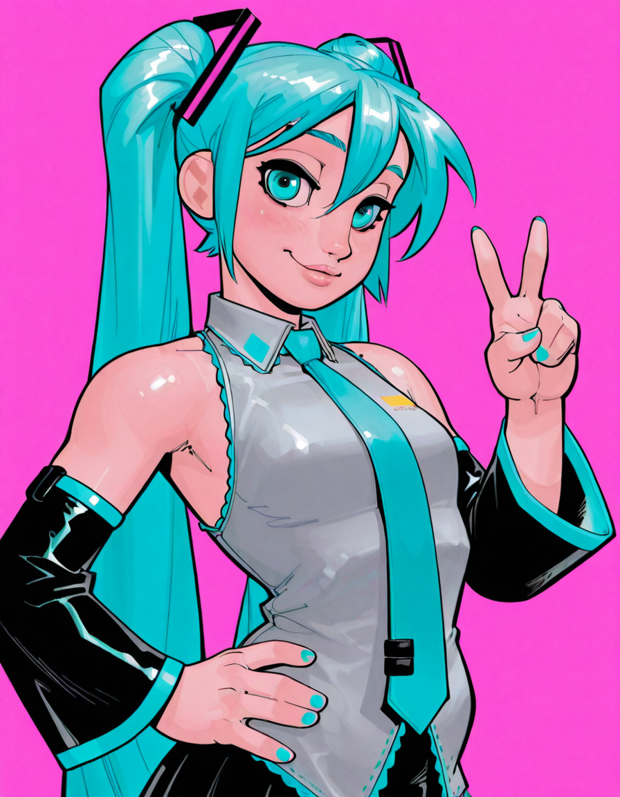 glbmelk, western comic art style,  masterpiece, best quality, aesthetically pleasing, ultra-detailed, absurbres, highres, high quality, detailed eyes, detailed sharp lineart, shiny skin, 8k, sharp focus, beautiful, perfect lighting, beautiful eyes, anatomically correct, anatomically correct face,  female focus, upperbody, 1girl, Hatsune Miku, Vocaloid, twintails, long blue hair, aqua eyes, small breasts, slight blush, lips, dress shirt, exposed shoulders, detached sleeves, skirt, looking at viewer, cheeky smile, one hand on hip, single v, playful pose, abstract simple color background,  
<lora:GlebMelkinov_Artstyle_Illustrious-000005:1>