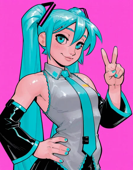 glbmelk, western comic art style, masterpiece, best quality, aesthetically pleasing, ultra-detailed, absurbres, highres, high quality, detailed eyes, detailed sharp lineart, shiny skin, 8k, sharp focus, beautiful, perfect lighting, beautiful eyes, anatomically correct, anatomically correct face, female focus, upperbody, 1girl, Hatsune Miku, Vocaloid, twintails, long blue hair, aqua eyes, small breasts, slight blush, lips, dress shirt, exposed shoulders, detached sleeves, skirt, looking at viewer, cheeky smile, one hand on hip, single v, playful pose, abstract simple color background,
<lora:GlebMelkinov_Artstyle_Illustrious-000005:1>