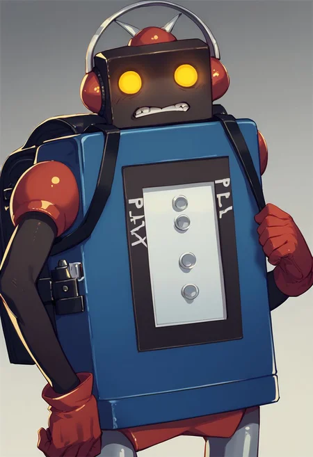 score_9, score_8_up, score_7_up, best quality, 5_fingers
gradient background
1boy, solo, no humans, mecha, robot, red gloves, backpack, yellow eyes, glowing eyes, teeth, sad, tired, half open eyes, headphones, robot ears, cowboy shot