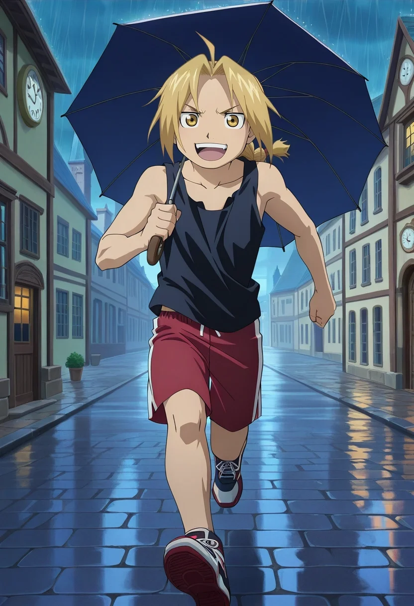 masterpiece, best quality, intricate details, anime screencap, anime coloring, official style, looking at viewer, 1boy, solo, male focus, <lora:edward_elric_ilxl:0.92>, edward_elric, blonde hair, yellow eyes, , , cobblestone street, rain, window, clock tower, running, evening, holding umbrella, laughing, Track shorts, Sleeveless tank top, Driving shoes, Ski mask,