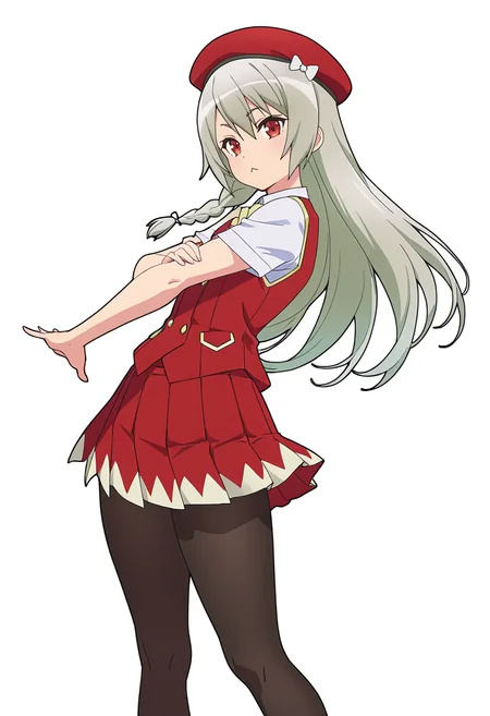 Smooth Quality,masterpiece,very intricate, high quality details, ultra realistic, high detailed skin,detailed enviorement,absurdres,
hand on own arm,
<lora:Ange_Maidena_CNR:0.8> ange_cnr, 1girl, grey hair, red eyes, long hair,
red_cnr,single braid, side braid,white shirt, red vest, school uniform, red skirt, pleated skirt,black pantyhose, beret, red hat,white bow, bowtie,, simple background, white background, from side,
dynamic pose, arms crossed, one leg bent, confident stance, slight head tilt, relaxed hands, ,, :<,