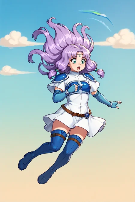 score_9, score_8_up, score_7_up BREAK 1girl, solo, <lora:NSFlorinaFE7:1> NSFlorinaMain, blue thigh boots, belt, white dress, blue breastplate, blue pauldrons, short sleeves, teal fingerless elbow gloves, circlet, parted bangs, high collar, light purple hair, long hair, low-tied sidelocks, falling, silly, rainbow, clouds, horse, Pegasus, sky background