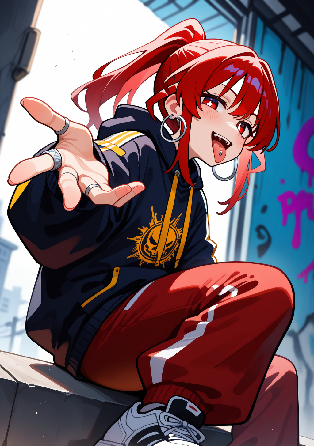 masterpiece, best quality, absurdres, perfect lighting,shiny skin,<lora:spo_sdxl_10ep_4k-data_lora_webui:0.7>,1girl,hiroe,red hair,ponytail,bangs,red eyes,tareme,<lora:hiroe_illu:1>,hoop earrings,rapper,baggy clothes,punk,black hoodie,baggy pants,sneakers,silver ring,accessories,depth of field,graffiti, against wall,sitting,proud,Naughty,tongue piercing,tongue out,from below,reaching towards viewer,open hand